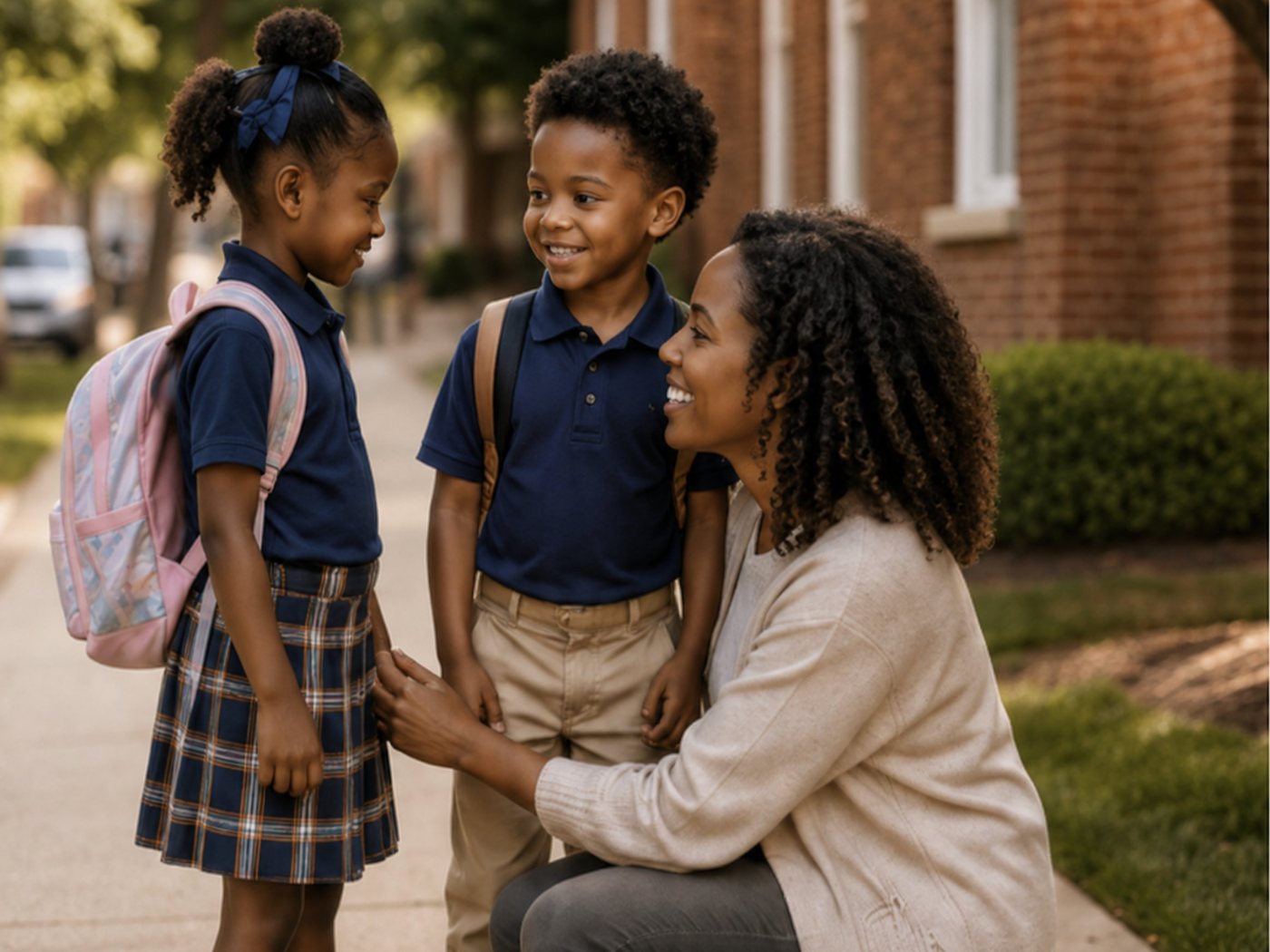 A mother kneels on a sidewalk to speak with her daughter and son, both in school uniforms.