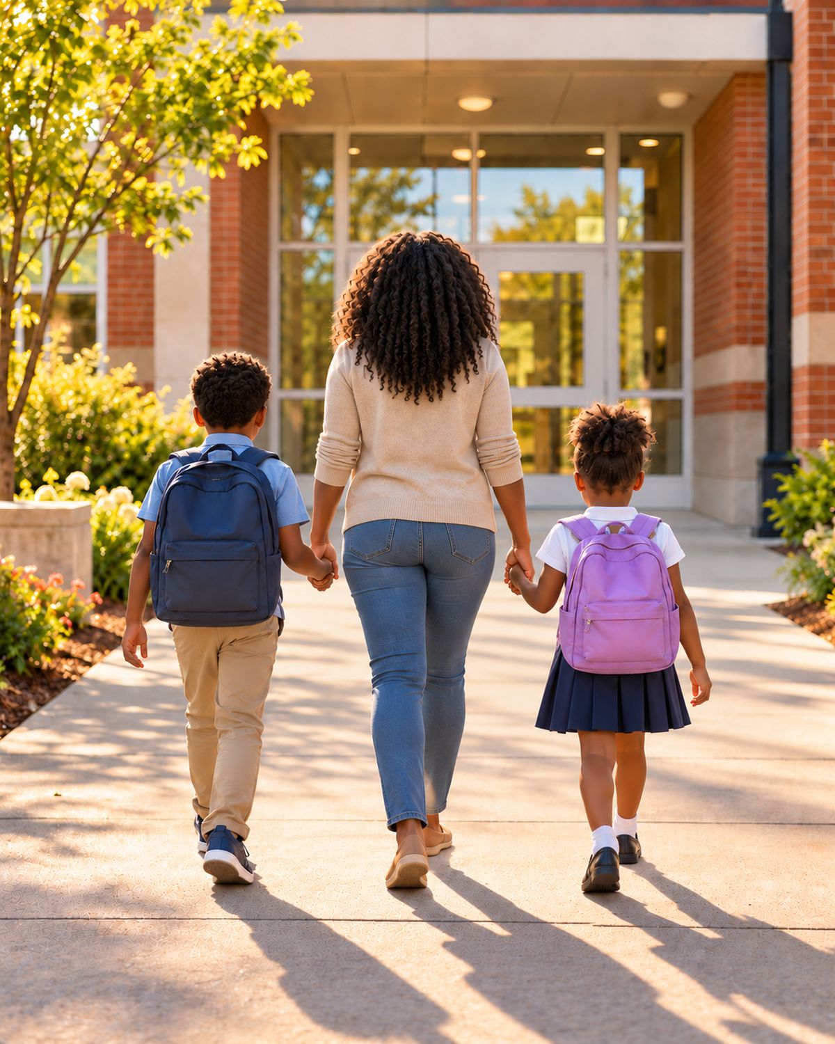 A mother walking two children with backpacks toward a school entrance on a sunny morning