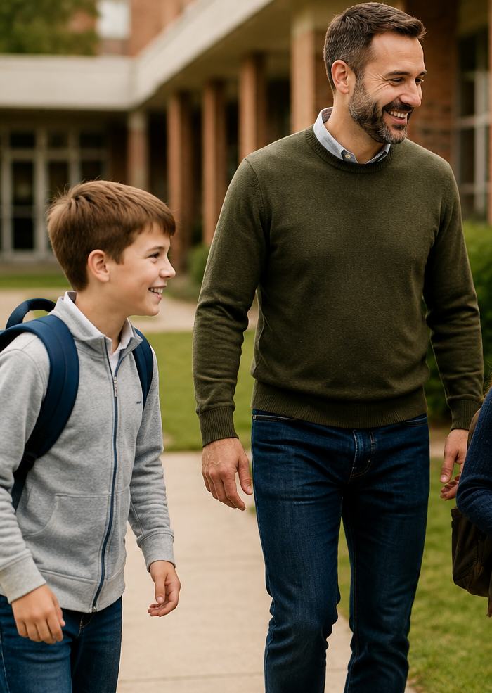 A father walks his son and daughter up to school on a bright morning.